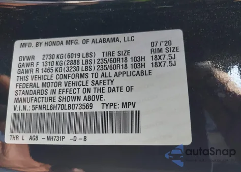 2020 Honda Odyssey Ex-L/Ex-L W/Navi Res from USA, damaged, VIN 5FNRL6H70LB073569